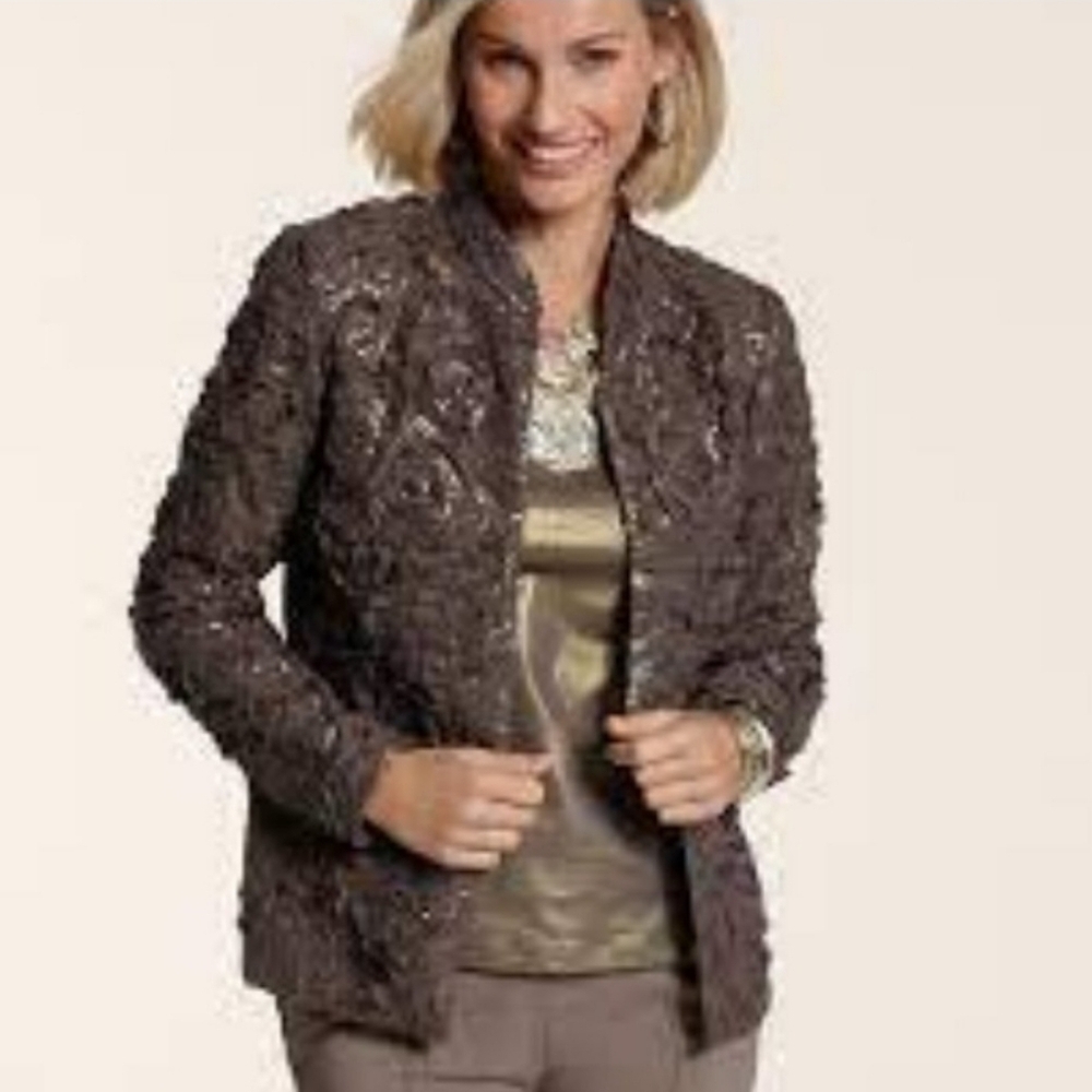 Chico's Blazer Jacket Coat Taupe Rose Sequin, Sz 1.5 (M/10)